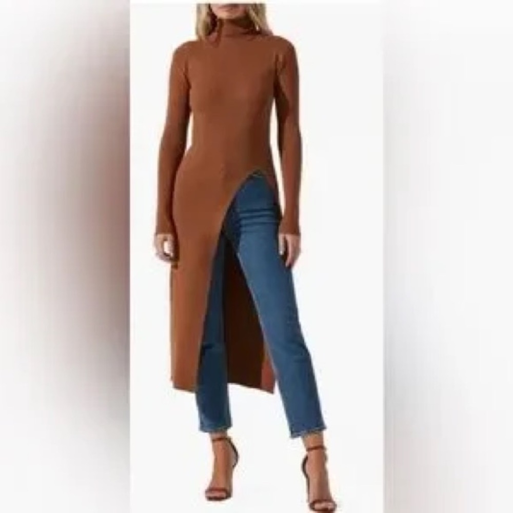 ASTR The Label Camel Ribbed Turtleneck Maxi Dress Minimalist Chic Slit Large